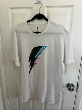 Converse White Tee with Black, Teal & Pink Lightning Bolt Graphic